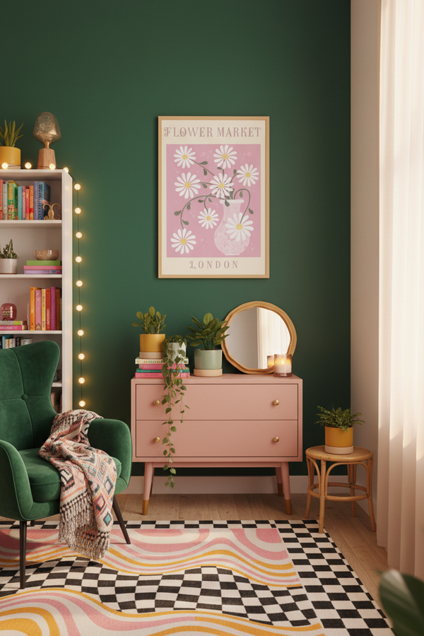 Charming Daisy Flower Market Art Print shown framed in a modern room setting