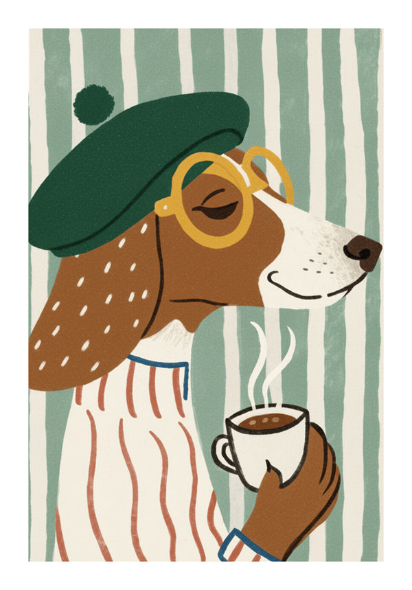 Charming Dog with Coffee Art Print – wall art print by LOUDHAUS