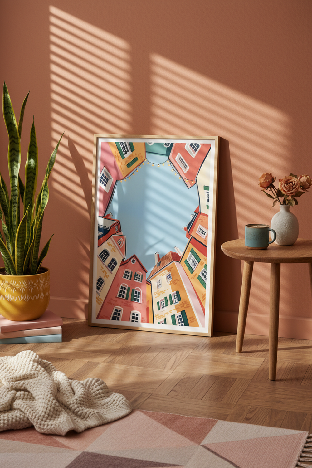 Charming European Town Art Print shown framed in a modern room setting