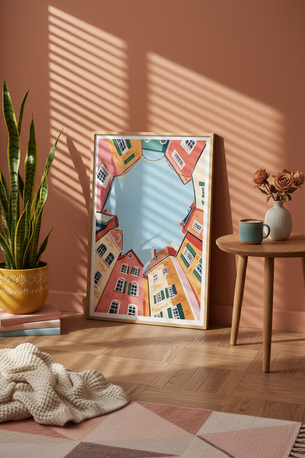 Charming European Town Art Print shown framed in a modern room setting