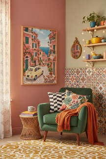 Charming Italian Coastal Town Art Print shown framed in a modern room setting