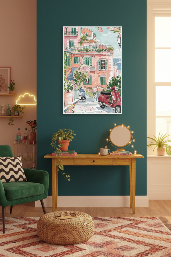 Charming Italian Townscape Art Print shown framed in a modern room setting