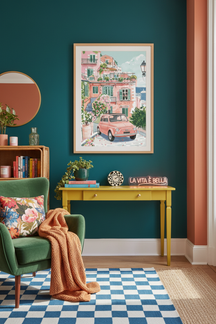 Charming Italian Townscape Art Print shown framed in a modern room setting