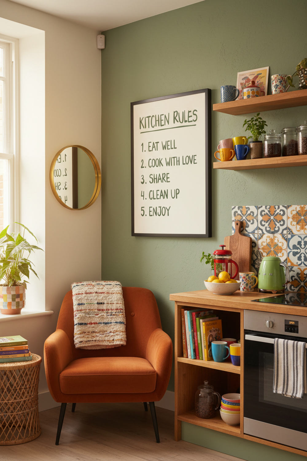 Charming Kitchen Rules Typography Art Print shown framed in a modern room setting