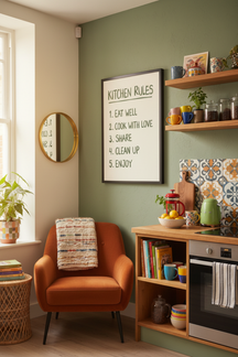 Charming Kitchen Rules Typography Art Print shown framed in a modern room setting