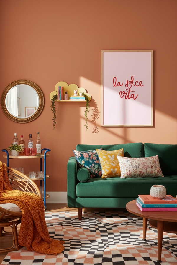 Charming La Dolce Vita Quote Art Print shown framed in a modern room setting