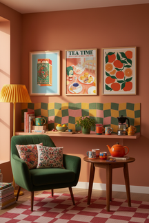 Charming Tea Time Gathering Art Print as part of a gallery wall arrangement