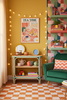 Charming Tea Time Gathering Art Print shown framed in a modern room setting