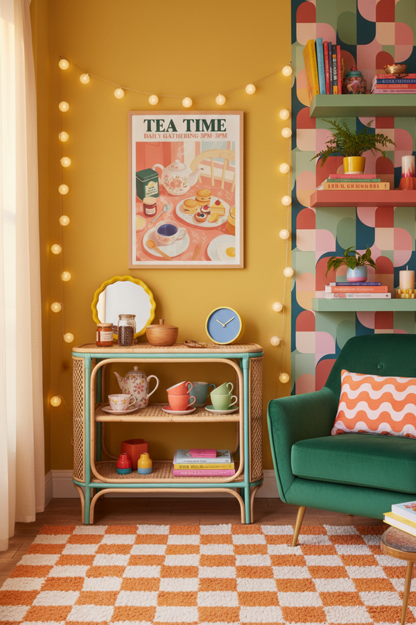 Charming Tea Time Gathering Art Print shown framed in a modern room setting