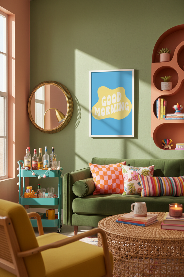 Cheerful Good Morning Typography Art Print shown framed in a modern room setting