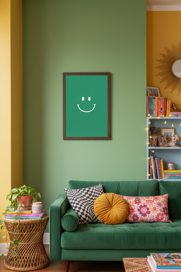 Cheerful Green Smiley Face Art Print shown framed in a modern room setting