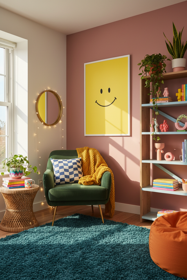 Cheerful Yellow Smiley Face Art Print shown framed in a modern room setting