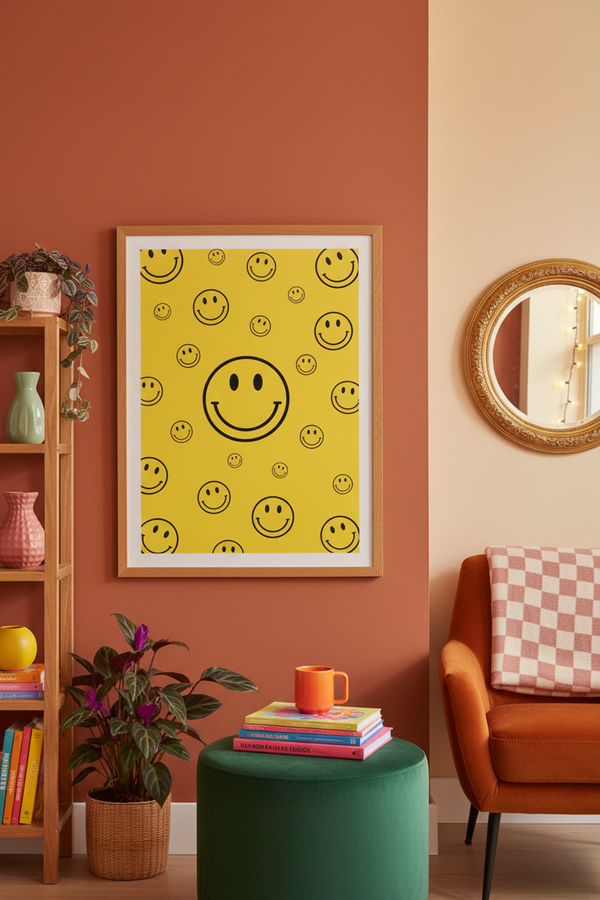 Cheerful Yellow Smiley Face Art Print shown framed in a modern room setting
