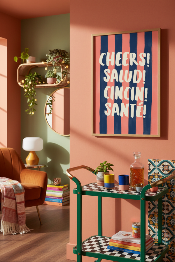 Cheers Multi-Language Typography Art Print shown framed in a modern room setting