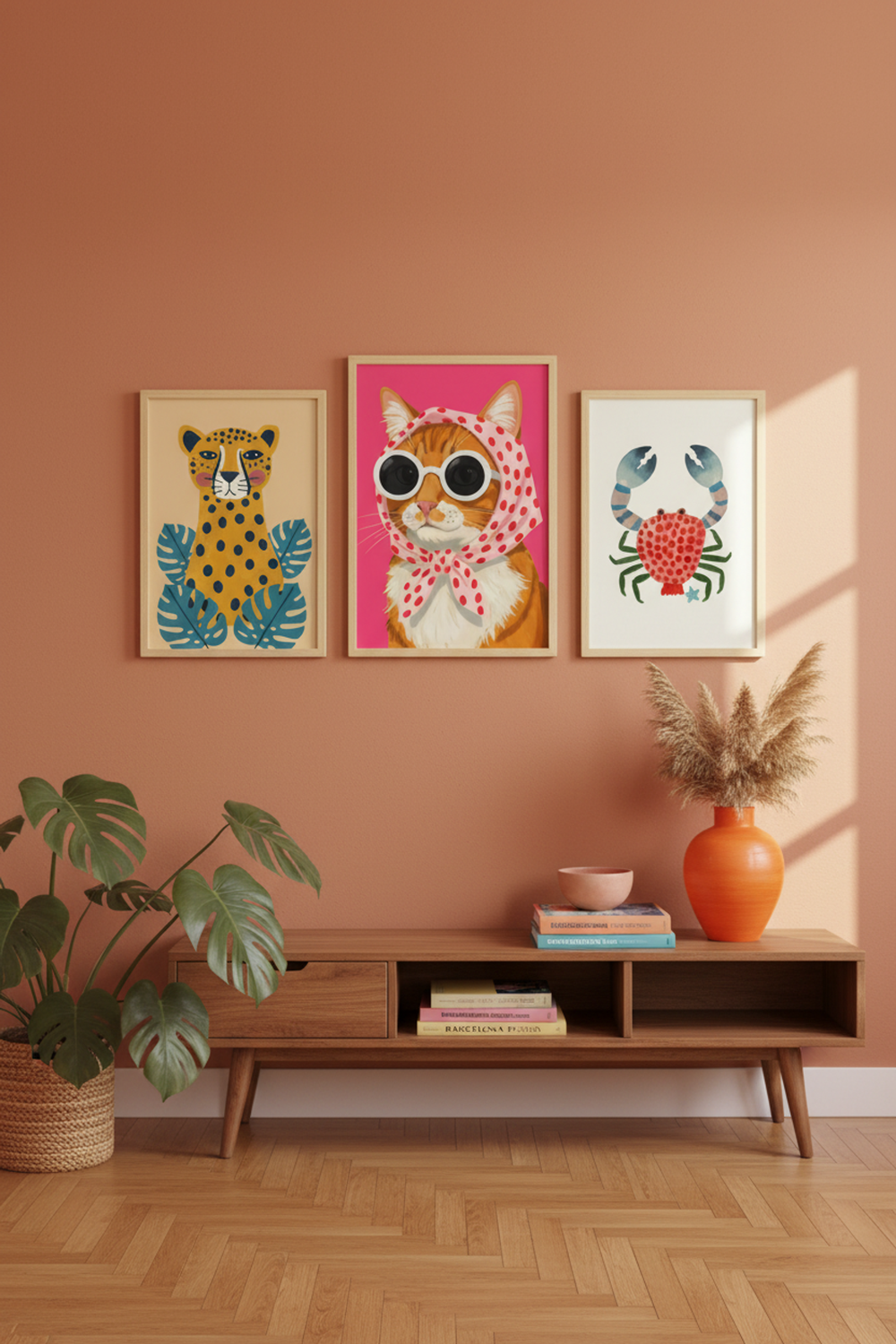 Chic Cat with Scarf Art Print as part of a gallery wall arrangement