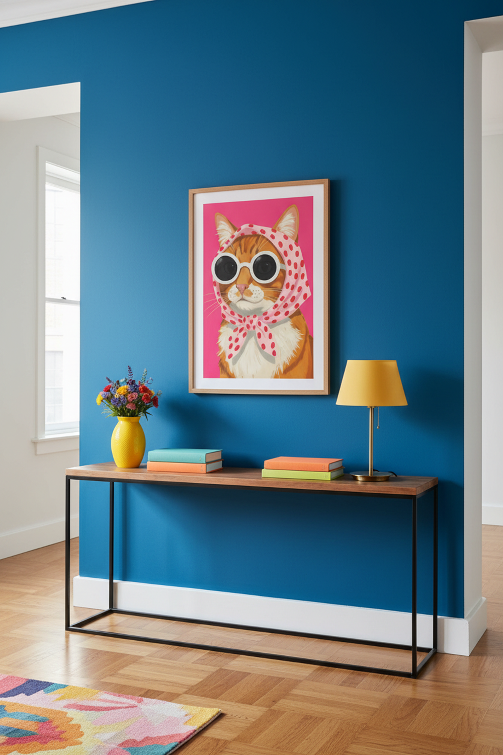 Chic Cat with Scarf Art Print shown framed in a modern room setting
