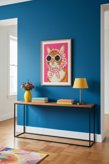 Chic Cat with Scarf Art Print shown framed in a modern room setting
