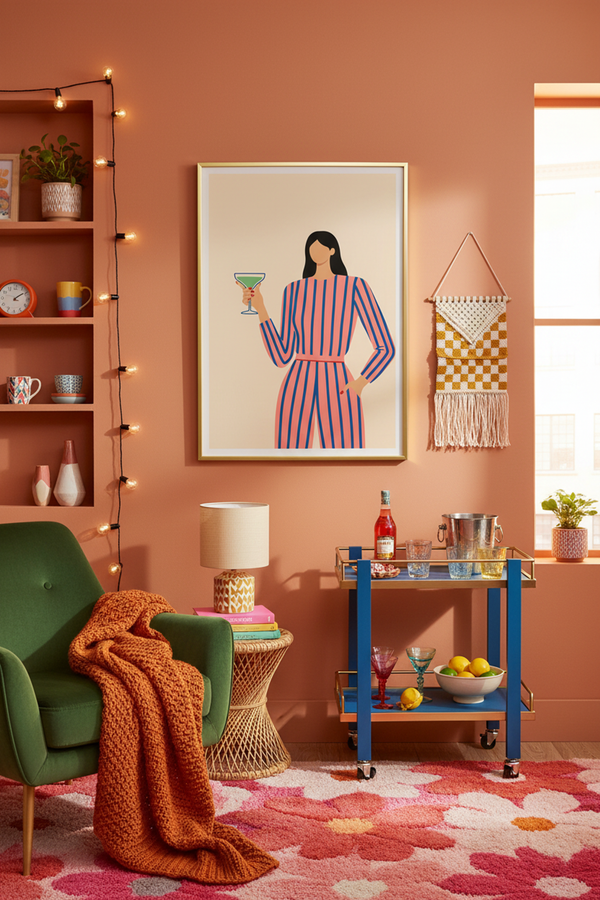 Chic Cocktail Hour Art Print shown framed in a modern room setting