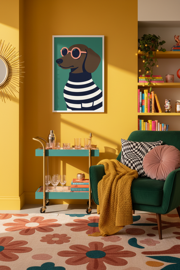 Chic Dachshund Dog Art Print shown framed in a modern room setting