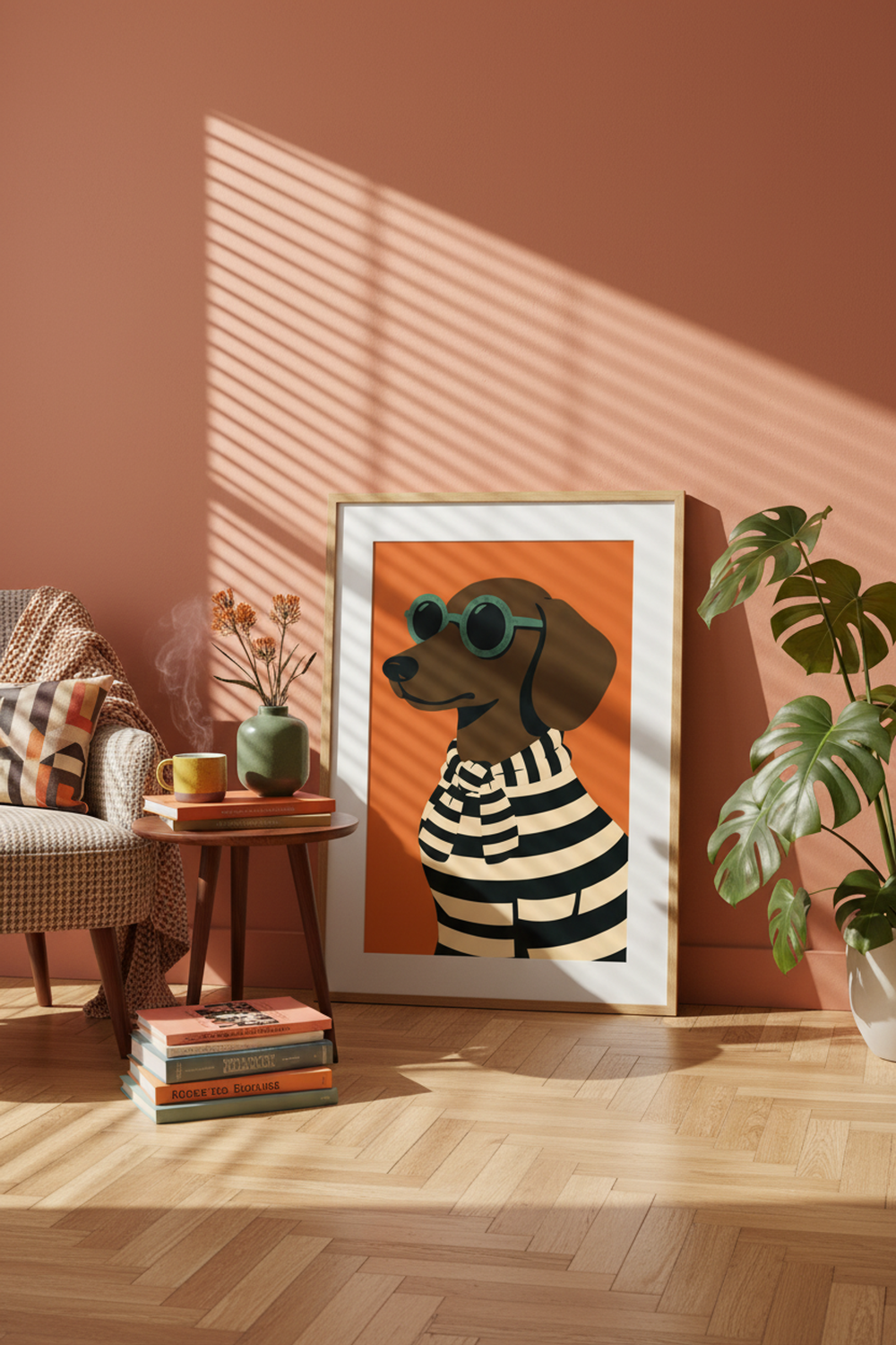 Chic Dachshund Dog Illustration Art Print shown framed in a modern room setting