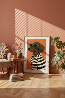 Chic Dachshund Dog Illustration Art Print shown framed in a modern room setting