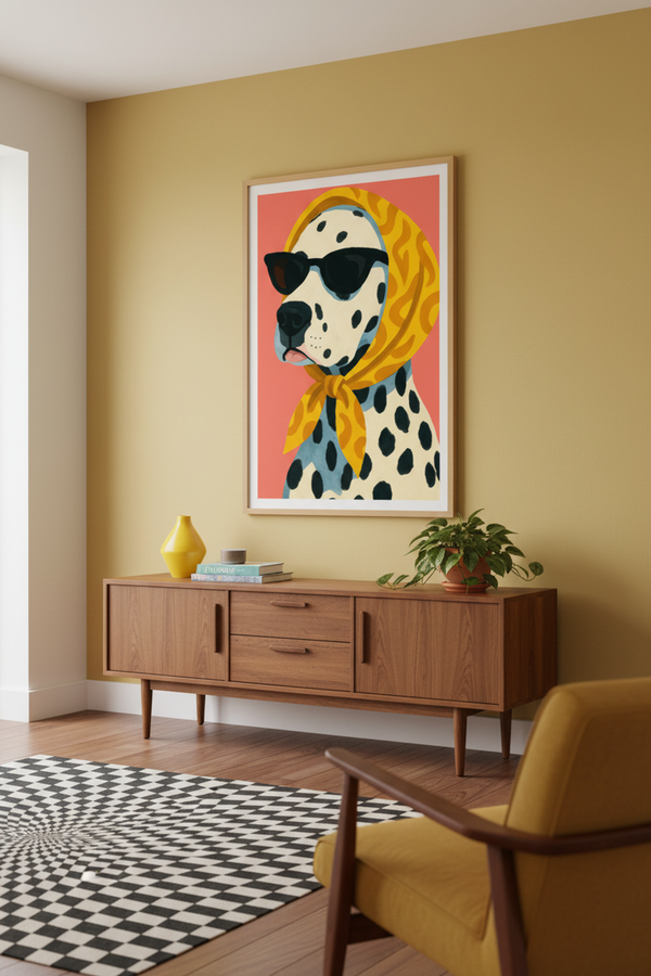 Chic Dalmatian Dog Art Print shown framed in a modern room setting