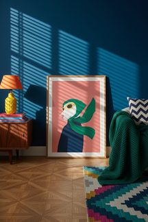 Chic Dog Aviator Art Print shown framed in a modern room setting