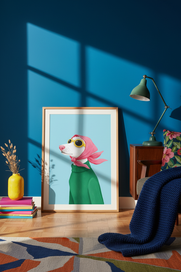 Chic Dog in Scarf Art Print shown framed in a modern room setting