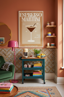 Chic Espresso Martini Art Print shown framed in a modern room setting