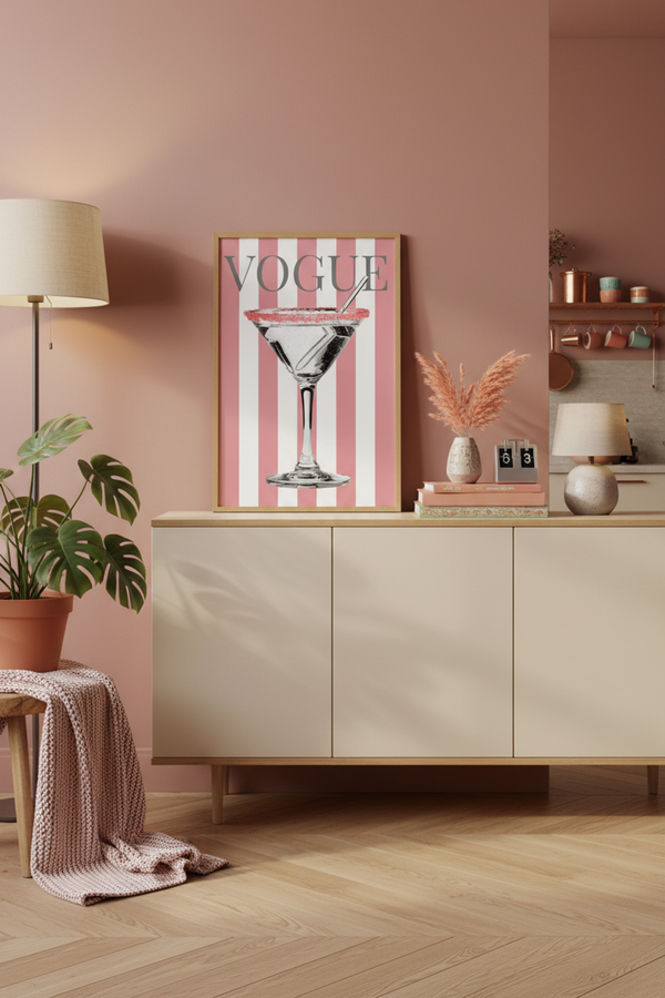 Chic Martini Glass Fashion Art Print shown framed in a modern room setting