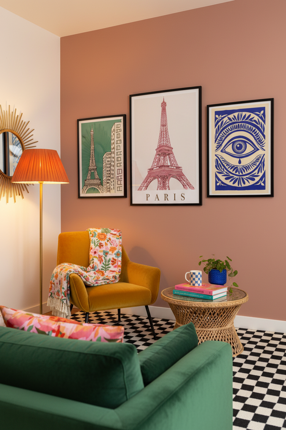 Chic Pink Eiffel Tower Art Print as part of a gallery wall arrangement
