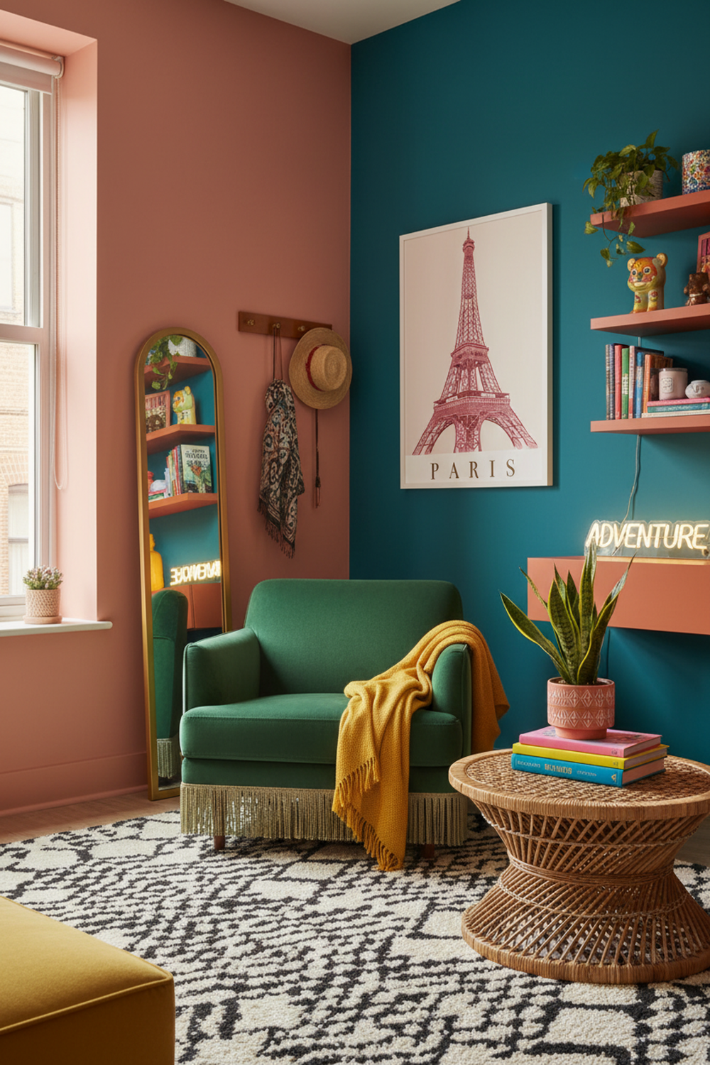 Chic Pink Eiffel Tower Art Print shown framed in a modern room setting