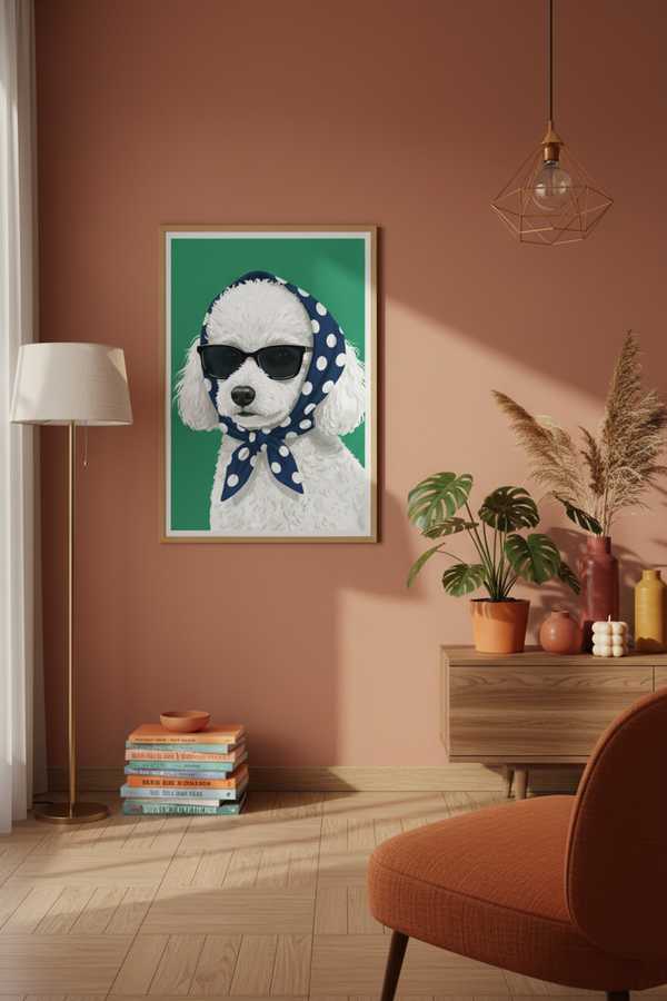 Chic Poodle with Scarf Art Print shown framed in a modern room setting