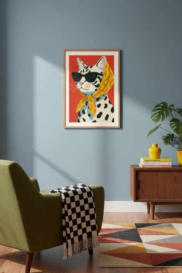 Chic Spotted Cat Art Print shown framed in a modern room setting