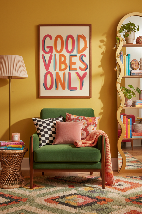 Colourful Good Vibes Only Art Print shown framed in a modern room setting