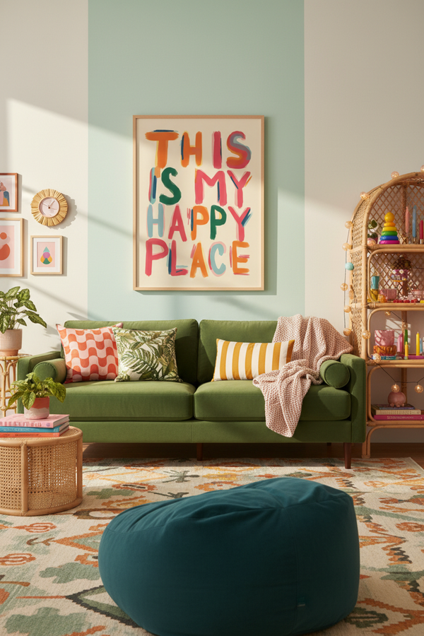 Colourful Happy Place Typography Art Print shown framed in a modern room setting