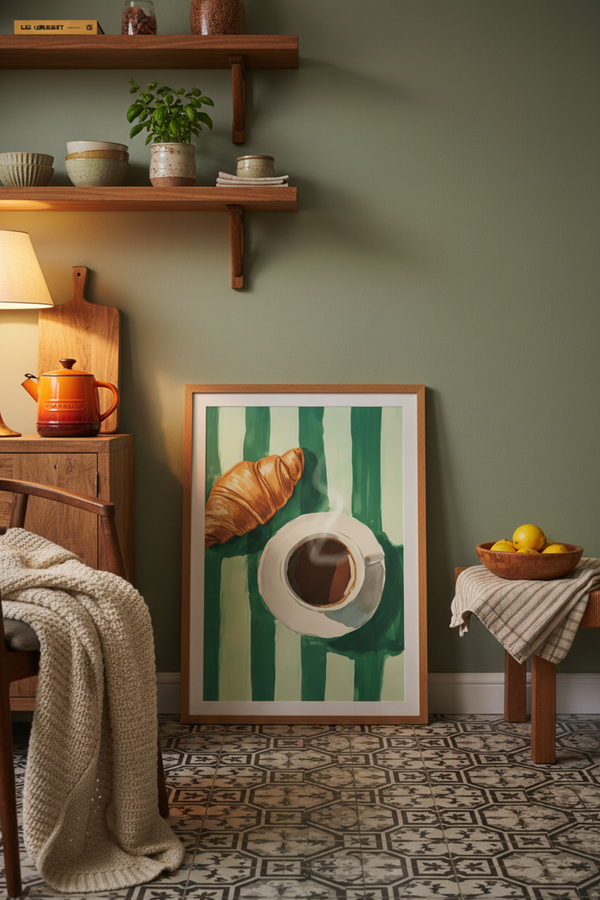 Cosy Coffee & Croissant Art Print shown framed in a modern room setting