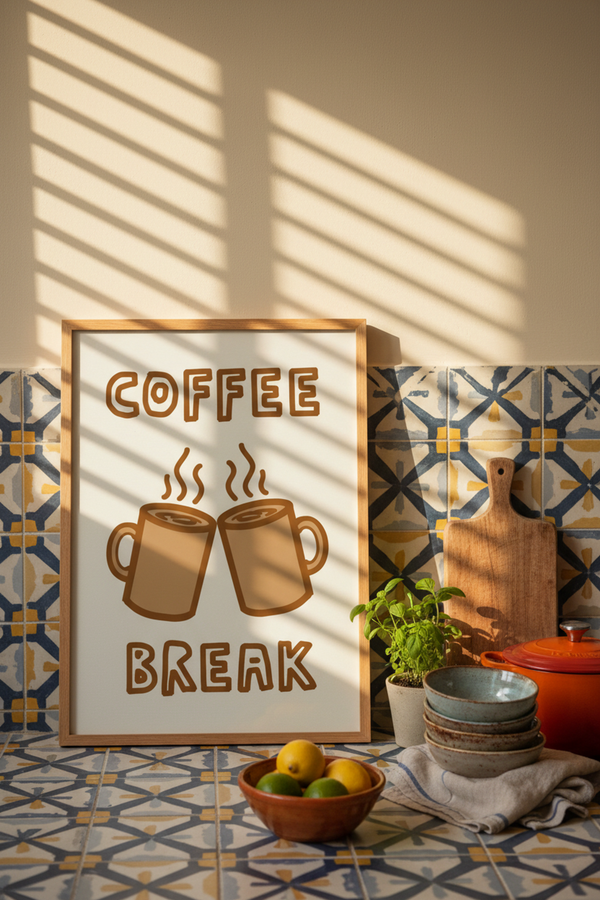 Cosy Coffee Break Typography Art Print shown framed in a modern room setting
