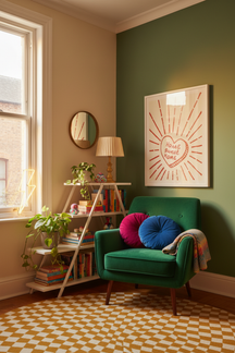 Cosy Home Sweet Home Art Print shown framed in a modern room setting