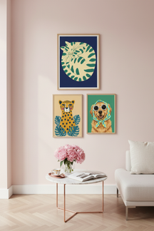 Cosy Spotted Cat Art Print as part of a gallery wall arrangement