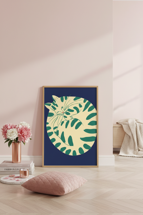 Cosy Spotted Cat Art Print shown framed in a modern room setting