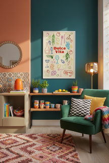 Dolce Vita Italian Food Art Print shown framed in a modern room setting