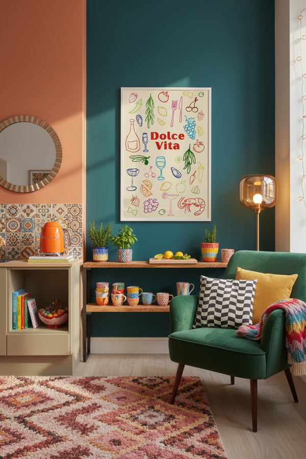 Dolce Vita Italian Food Art Print shown framed in a modern room setting