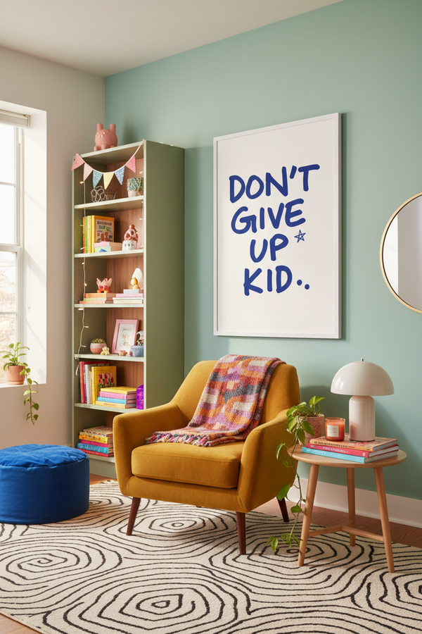 Don't Give Up Kid Quote Art Print shown framed in a modern room setting