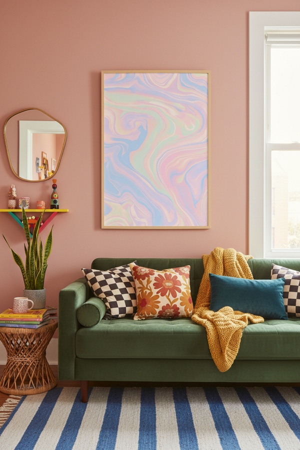 Dreamy Pastel Swirl Abstract Art Print shown framed in a modern room setting