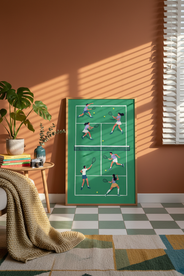 Dynamic Tennis Court Players Art Print shown framed in a modern room setting