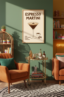 Espresso Martini Recipe Art Print shown framed in a modern room setting