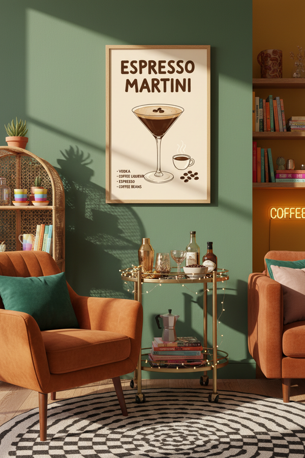 Espresso Martini Recipe Art Print shown framed in a modern room setting
