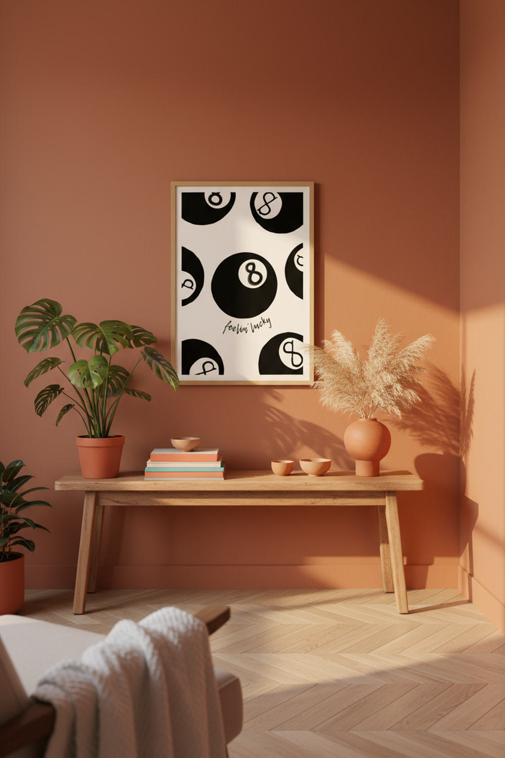 Feelin' Lucky 8 Ball Art Print shown framed in a modern room setting