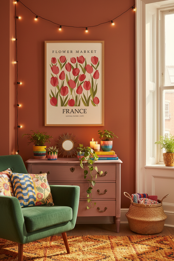 French Flower Market Art Print shown framed in a modern room setting